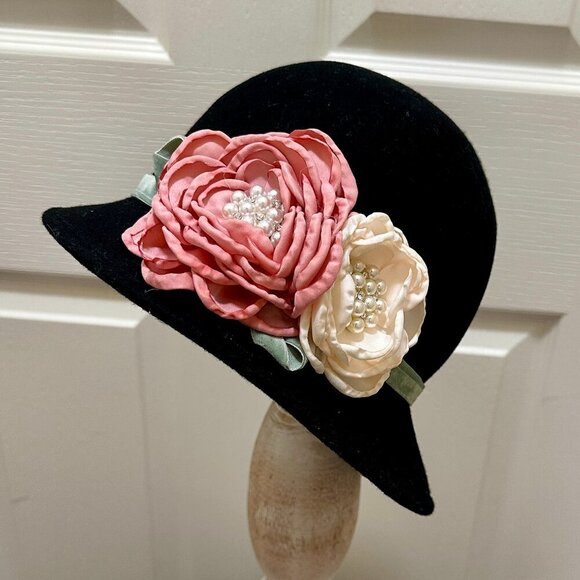 Elegant Wool Felt Cloche Bucket Hat Embellished With Satin Flowers Special Event - Picture 16 of 16